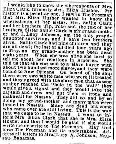 Lucy A. Johnson responding to Eliza Husher (formerly Eliza Clark)