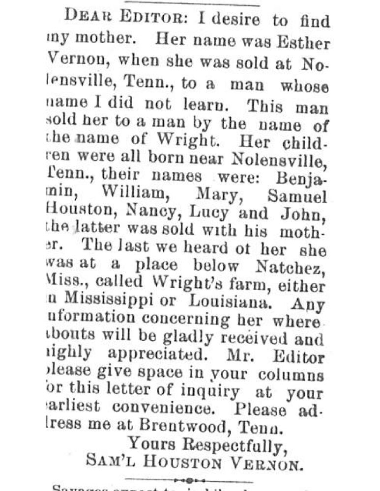 Samuel Houston Vernon seeking her mother Esther Vernon