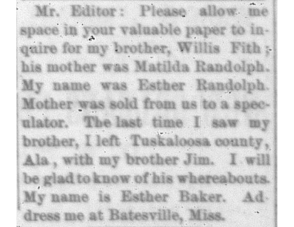 Esther Baker (formerly Esther Randolph) searching for her brother William Fith