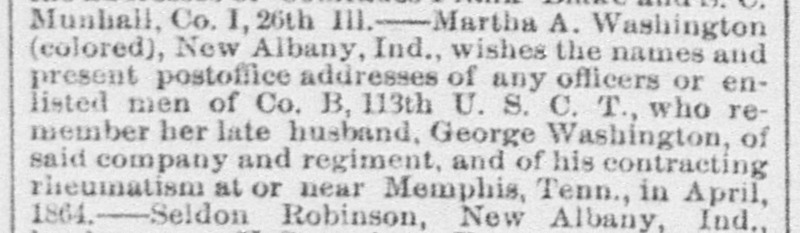 Martha A. Washington searching for addresses of officers or enlisted men from husband&#039;s U.S.C.T. Civil War regiment