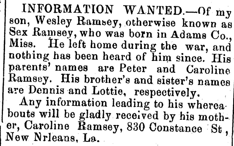 Caroline Ramsey seeking information about her son Wesley Ramsey (2nd of 2 ads placed)