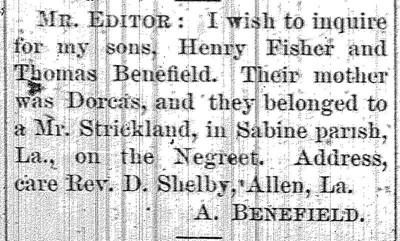 A. Benefield searching for his sons Henry Fisher and Thomas Benefield