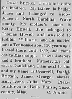 Casswell Jones seeking his father Briden Jones, mother Betty Howell, and siblings