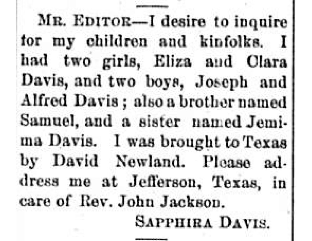 Sapphira Davis searching for her children Eliza, Clara, Joseph, and Alfred Davis