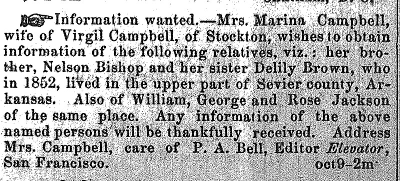 Mrs. Marina Campbell seeking information about her brother Nelson Bishop and sister Delily Brown