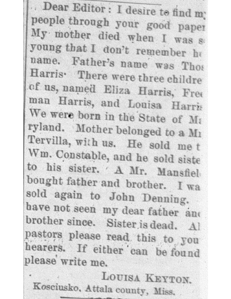 Louisa Keyton (formerly Louisa Harris) searching for her father Thomas Harris and brother Freeman Harris