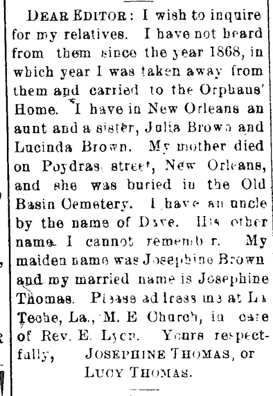 Josephine (formerly Josephine Brown) Thomas searching for her aunt Julia Brown and sister Lucinda Brown  