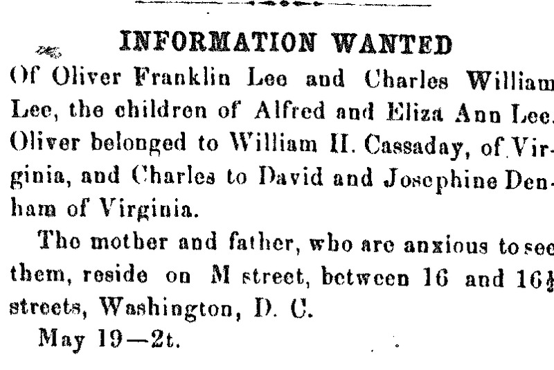 Alfred and Eliza Lee  searching for their sons Oliver Franklin and Charles William Lee