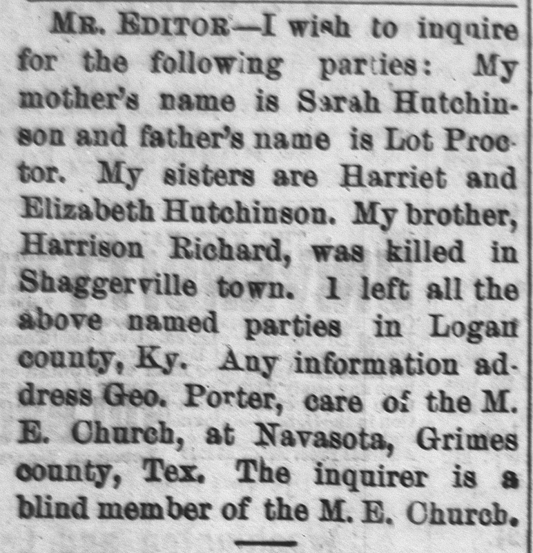 Geo. Porter searching for his mother Sarah Hutchinson, father Lot Proctor, and sisters Harriet and Elizabeth Hutchinson