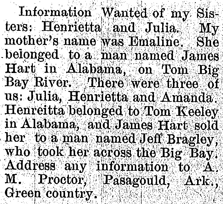 A. M. Proctor seeking information of his sisters Henrietta and Julia (2nd of 2 ads)