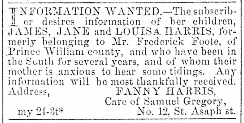 Fanny Harris is searching for her children James, Jane and Louisa Harris