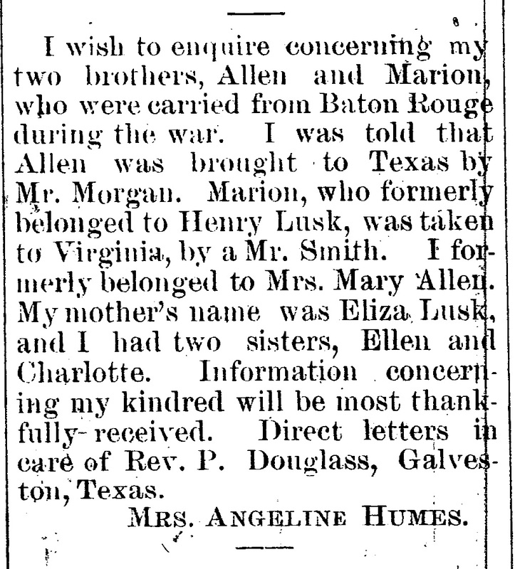 Mrs. Angeline Humes searching for her brothers Allen and Marion 