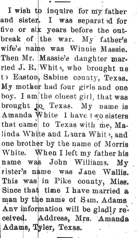 Amanda Adams (formerly Amanda White) searching for her father John Williams and sister Jane Wallis