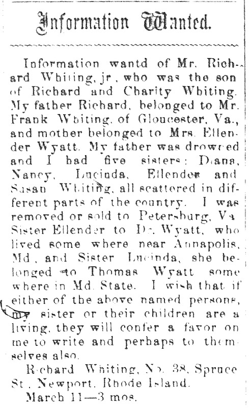 Richard Whiting looking for his son Richard Whiting, Jr., and his sisters Diana, Nancy, Lucinda, Ellender, and Susan Whiting 