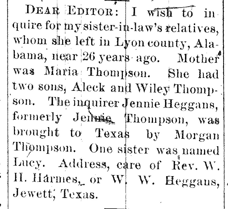 Jennie Heggans (formerly Jennie Thompson) searching for her mother Maria Thompson, sister Lucy, and brothers Aleck and Wiley Thompson