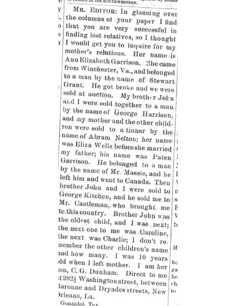 C. G. Dunham searching for his mother Ann Elizabeth Garrison (formerly Eliza Wells)