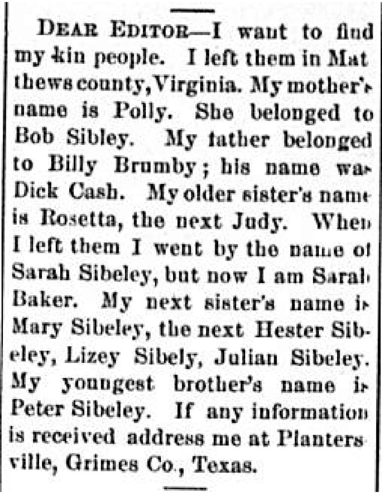 Sarah Baker (formerly Sarah Sibeley) searching for her mother Polly, father Dick Cash, and siblings