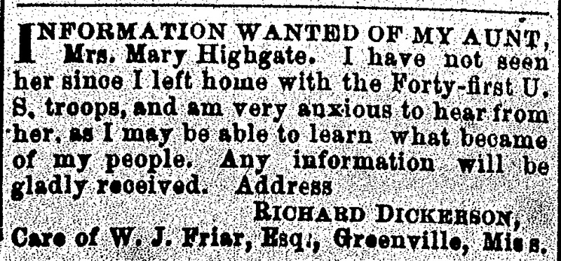 Richard Dickerson looking for his aunt Mrs. Mary Highgate