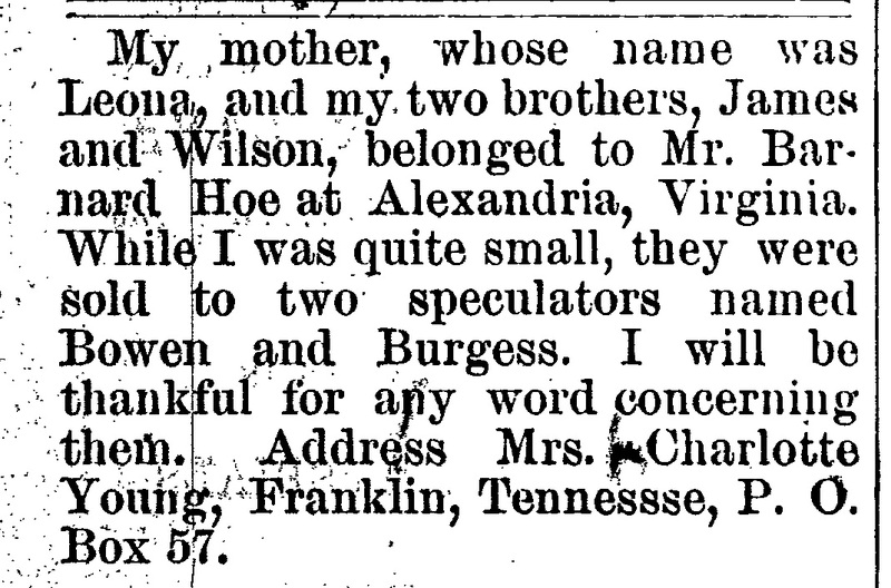 Mrs. Charlotte Young searching for her mother Leona and brothers James and Wilson