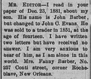 Mrs. Fanny Barber searching for her son John C. Evans (formerly John Barber)