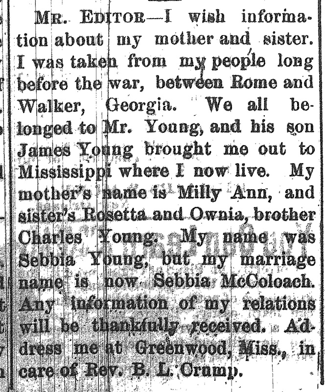 Sebbia McColoach (formerly Sebbia Young) looking for her mother Milly Ann and siblings Rosetta, Ownia, and Charles Young