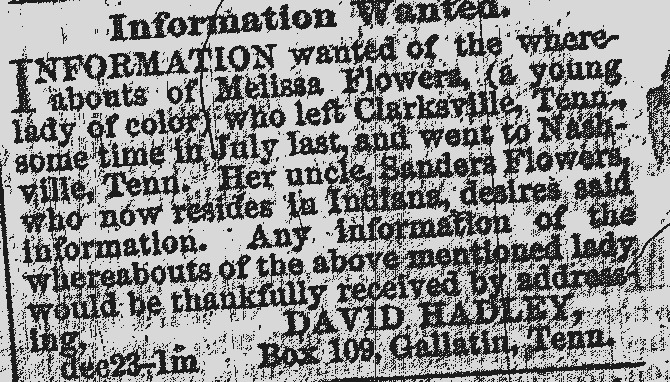 David Hadley seeking information of Melissa Flowers on behalf of her uncle Sanders Flowers 