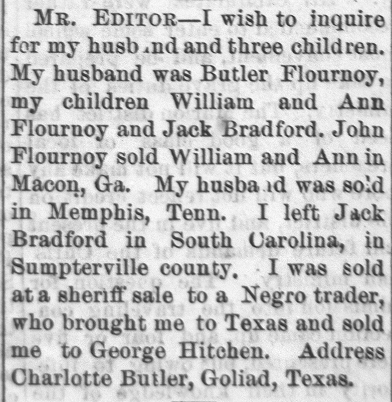 Charlotte Butler searching for her husband Butler Flournoy and three children, William and Ann Flournoy and Jack Bradford