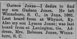 Mrs. Rebecca Jones looking for Gadson and Lymus Jones