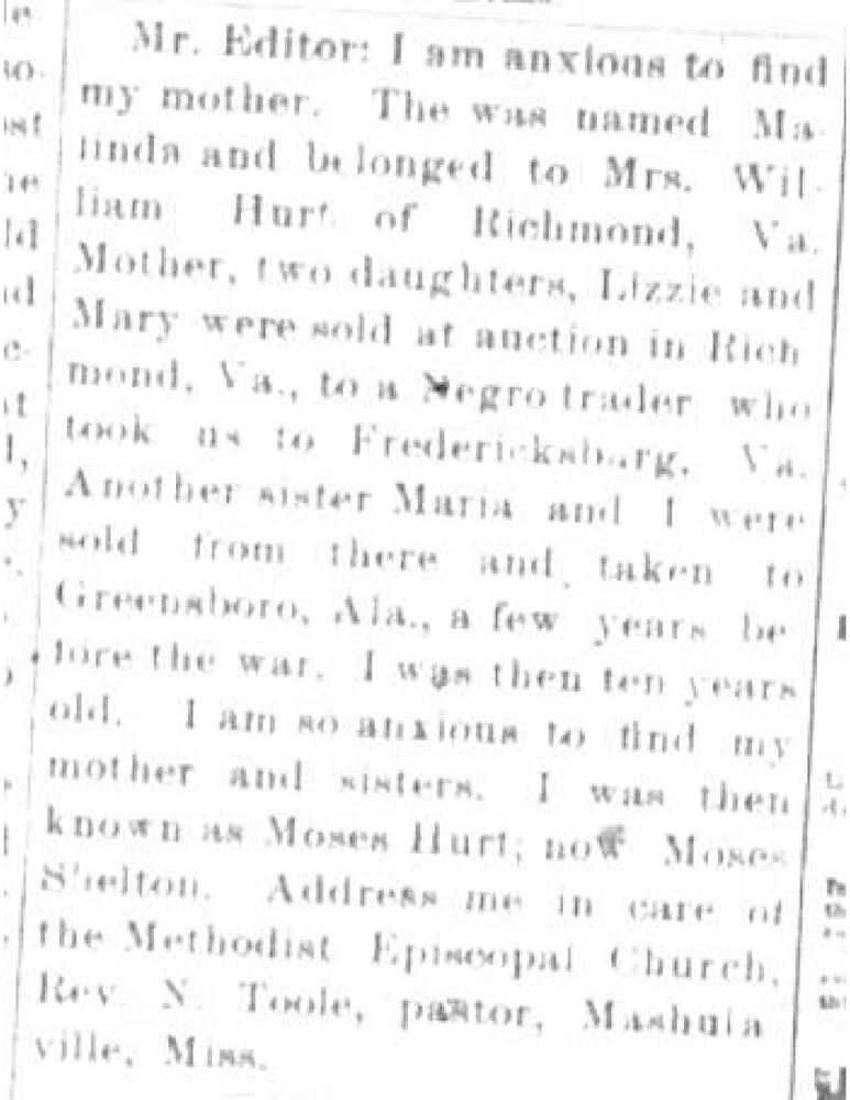 Moses Shelton (formerly Moses Hurt) searching for his mother Malinda and sisters Lizzie, Mary, and Maria