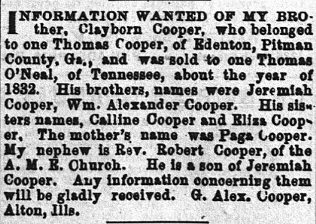 G. Alex Cooper seeking information about his brother Clayborn Cooper 