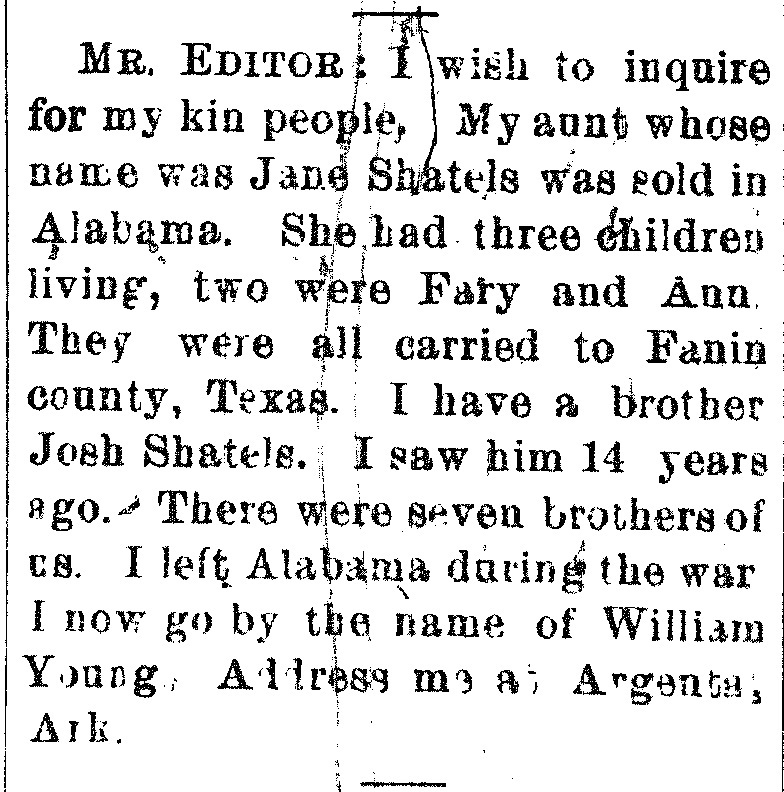 William Young searching for his aunt Jane Shatels and cousins