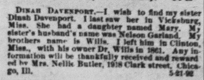 Mrs. Nellie Butler searching for her sister Dinah Davenport and her brother Willis