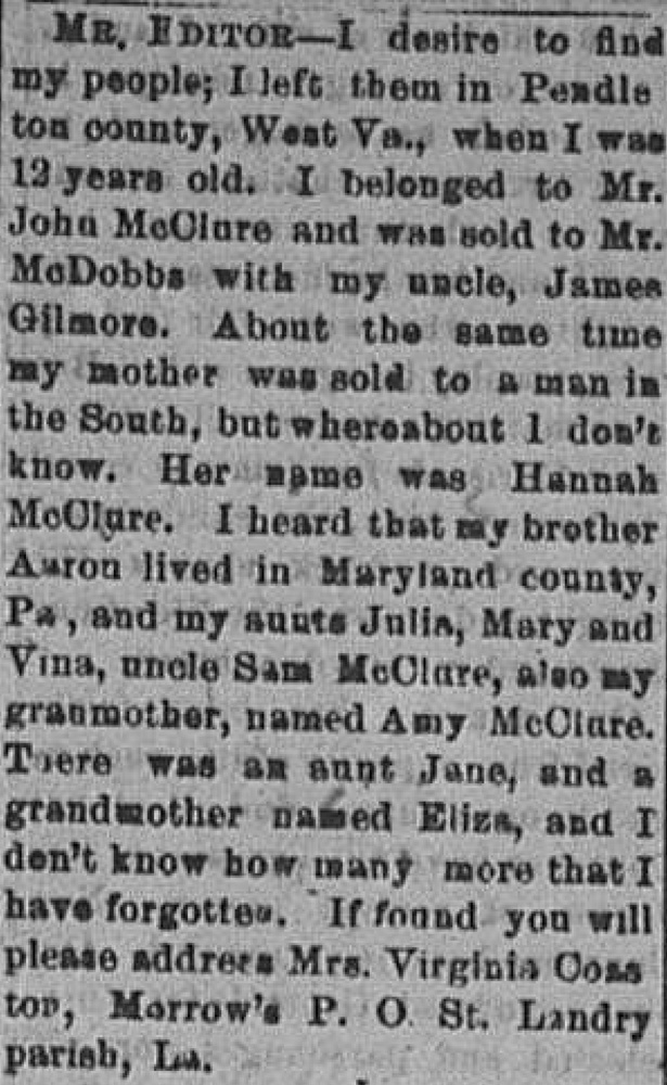 Mrs. Virginia Coaston searching for her mother Hannah McClure and family including her brother, aunts, and uncle