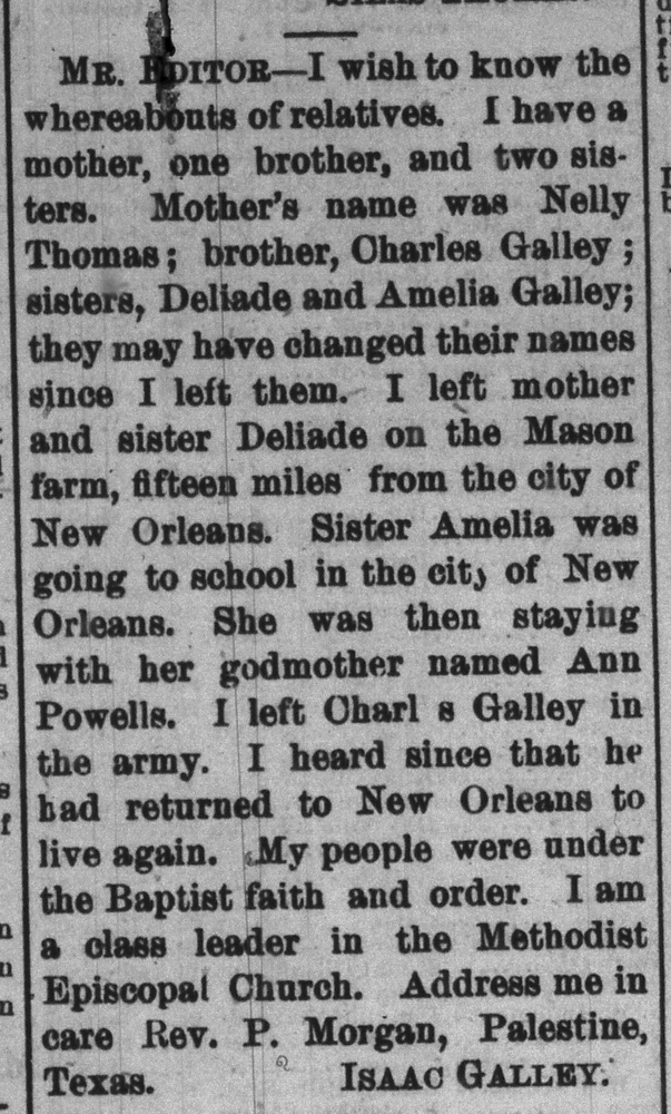 Isaac Galley searching for his mother Nelly Thomas and siblings Charles, Deliade, and Amelia Galley