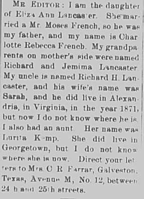 Mrs. Charlotte Rebecca Farrar (formerly Charlotte Rebecca French) seeking her mother Eliza Ann Lancaster