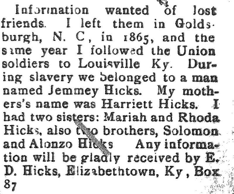 E. D. Hicks searching for mother Harriet Hicks, sisters Mariah and Rhoda, and brothers Solomon and Alonzo