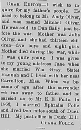 Clara Foltz searching for the family of her father Mitchel Oliver