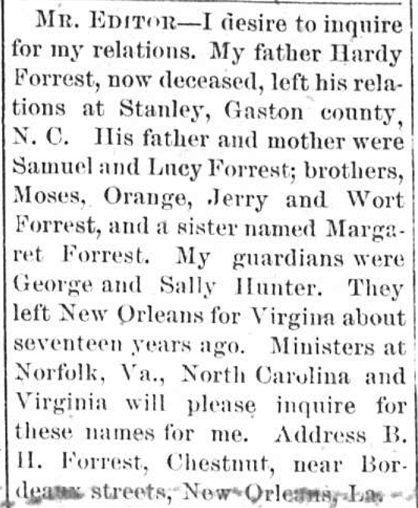 B. H. Forrest seeking his family including his four uncles