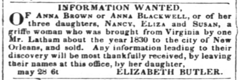 Elizabeth Butler searching for her mother Anna Brown/Anna Blackwell and three sisters 