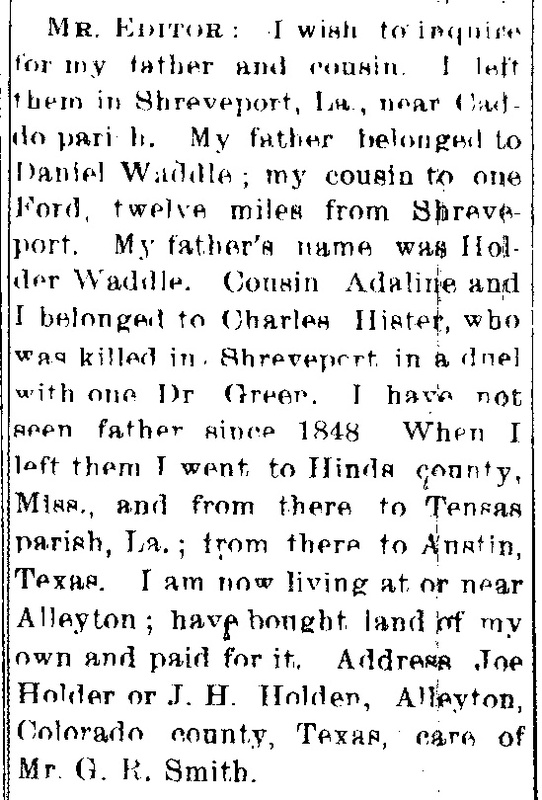 Joe Holder searching for his father Holder Waddler and cousin Adeline