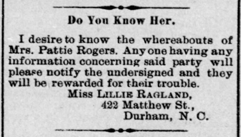 Miss Lillie Ragland searching for Mrs. Pattie Rogers 