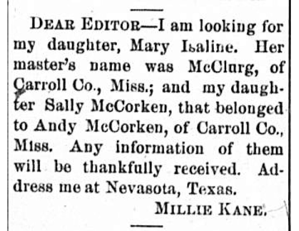 Millie Kane searching for her daughters Mary Isaline and Sally McCorken