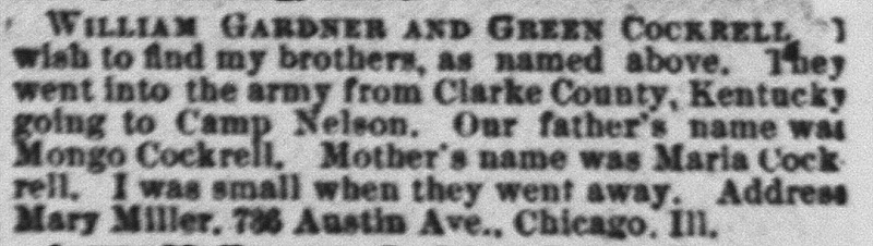 Mary Miller looking for her brothers William Gardner and Green Cockrell