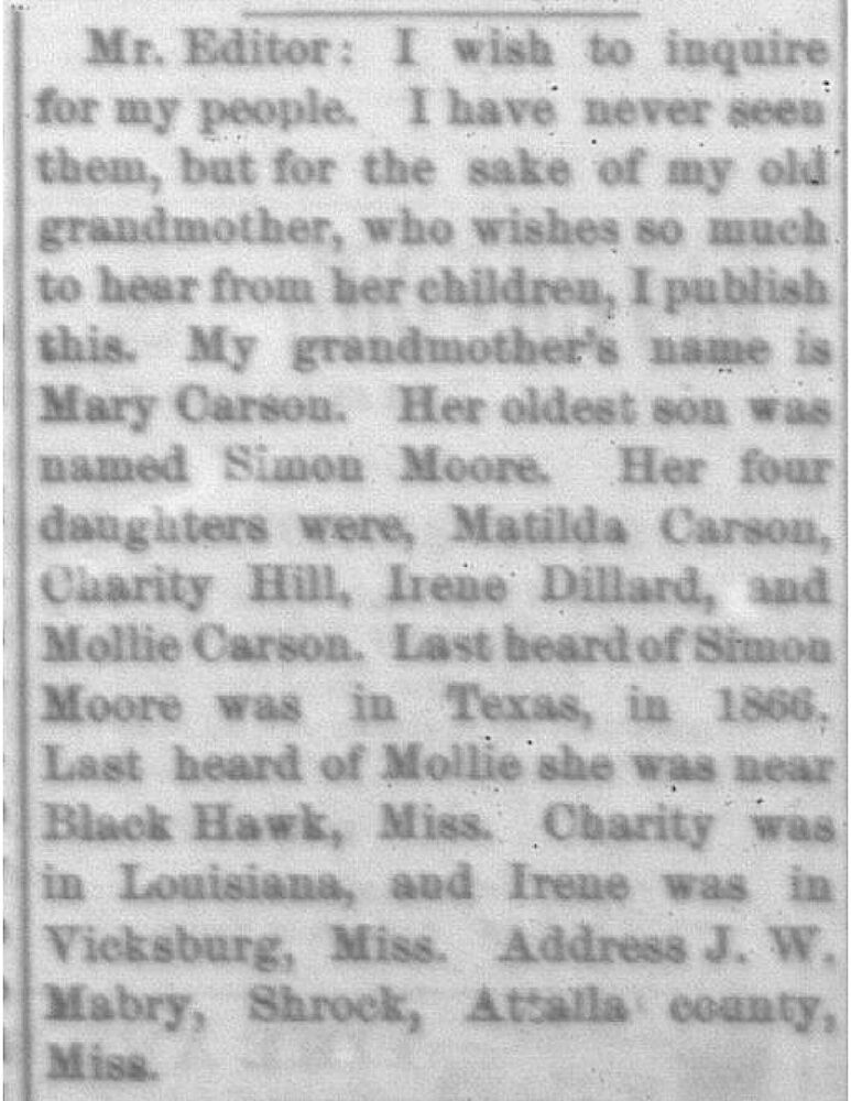 J. W. Mabry searching for their aunts and uncles on behalf of their grandmother Mary Carson