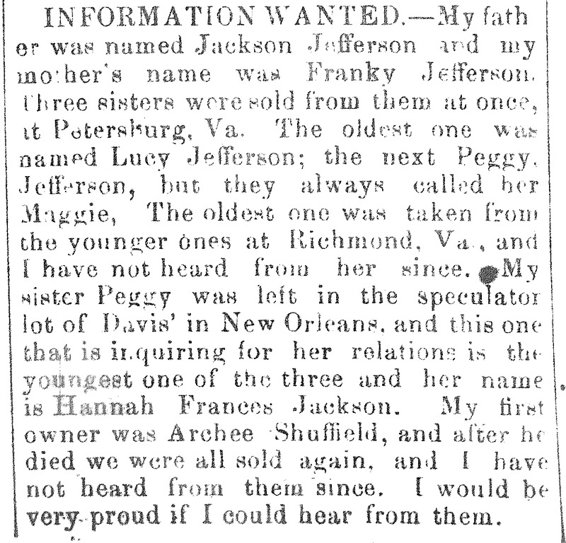 Hannah Frances Jackson looking for her father Jackson Jefferson and mother Franky Jefferson