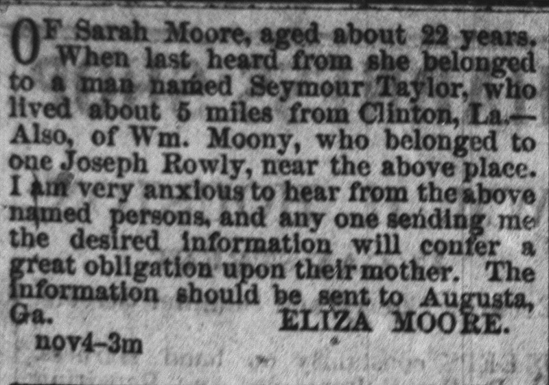 Eliza Moore searching for her daughter Sarah Moore and son Wm. Moony