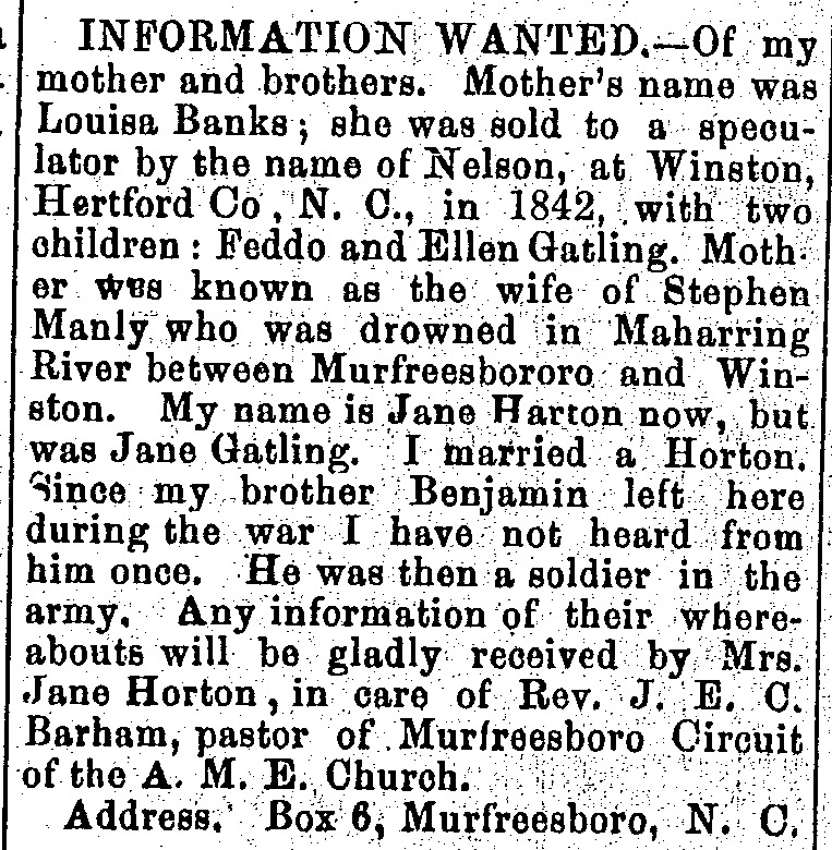 Mrs. Jane Horton looking for information about her mother Louisa Banks and brother Benjamin