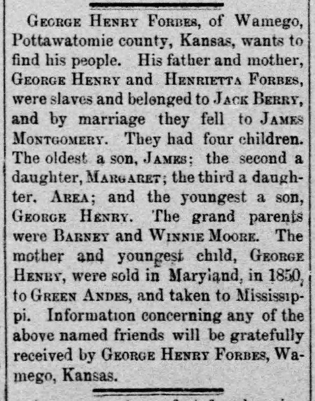 George Henry Forbes searching for his father George Henry, mother Henrietta Forbes, and siblings James, Margaret, and Area 