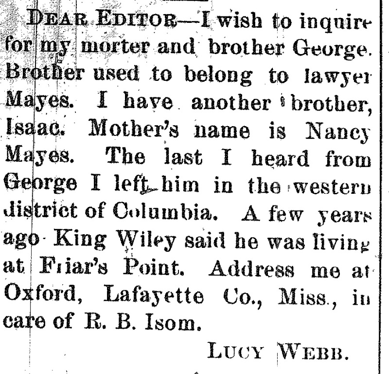 Lucy Webb searching for mother Nancy Mayes and brother George