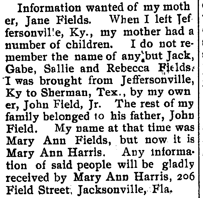 Mary Ann Harris seeking information on her mother Jane Fields and siblings